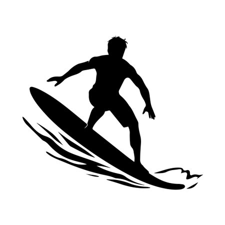 This dynamic silhouette captures a surfer gracefully riding a wave, embodying the thrill of adventure sports and ocean lifestyle. Perfect for aquatic themes.のイラスト素材