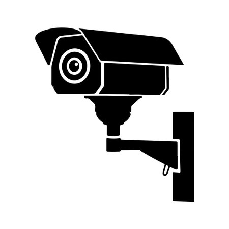 This black and white illustration features a security camera mounted on a wall, symbolizing monitoring and surveillance for public safety and security applications.のイラスト素材