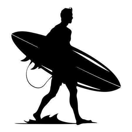 A striking silhouette of a surfer walking with a surfboard on a shoreline at sunset, capturing the essence of freedom and adventure in surfing.のイラスト素材
