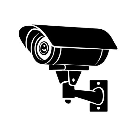 This black and white illustration of a security camera highlights surveillance technology, emphasizing safety and monitoring in various environments.のイラスト素材