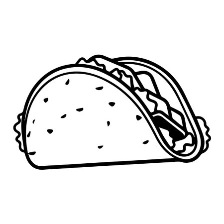 This hand-drawn taco illustration showcases a simple black and white design, perfect for minimalist themes, food-related projects, and creative applications.のイラスト素材
