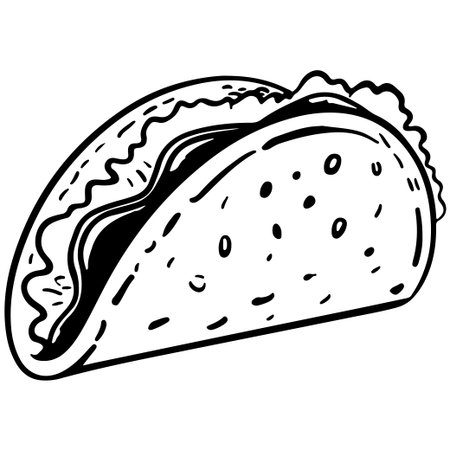 This hand-drawn taco illustration features a classic Mexican dish loaded with fresh toppings, ideal for food enthusiasts and culinary creatives.のイラスト素材