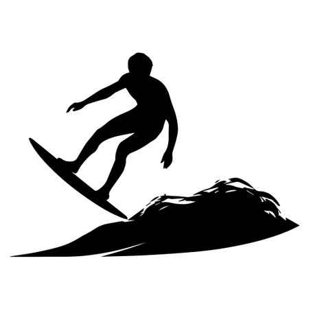 A striking silhouette of a surfer skillfully navigating a wave, capturing the essence of freedom and adventure in water sports.のイラスト素材