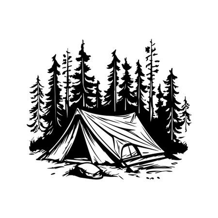 This black and white graphic illustration features a camping tent nestled among tall pine trees, ideal for outdoor enthusiasts seeking adventure.のイラスト素材