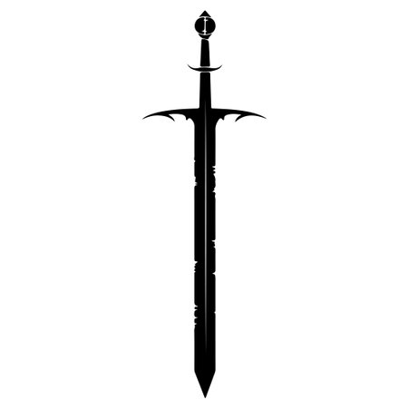 A detailed silhouette of a medieval sword featuring an elegant hilt and sharp blade, perfect for fantasy themes and historical illustrations.のイラスト素材