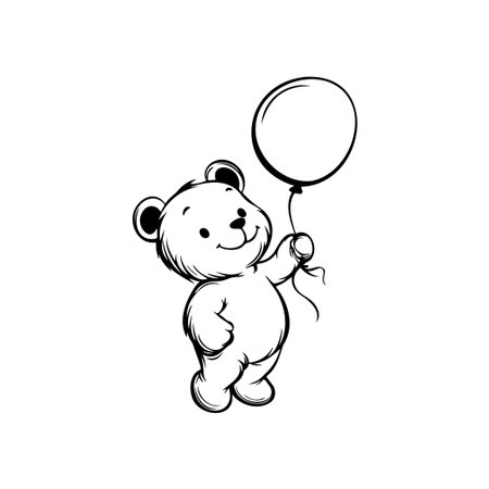 This charming illustration features a cute cartoon bear joyfully holding a balloon. Perfect for children's themes, toys, and playful designs.のイラスト素材