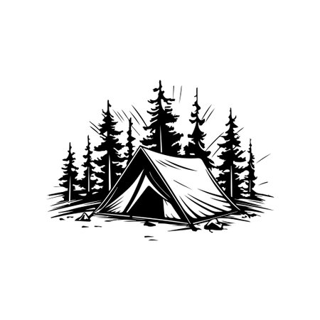 A charming hand-drawn illustration of a camping tent nestled among tall pine trees, evoking a sense of adventure and tranquility in nature.のイラスト素材