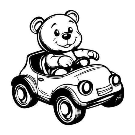 Adorable cartoon bear joyfully driving a small toy car, perfect for children's books, playful designs, and cheerful graphics, designed to delight.のイラスト素材