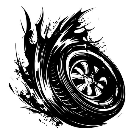 Eye-catching black and white illustration of a spinning tire creating a sense of speed and motion, perfect for dynamic automotive-themed visuals.のイラスト素材