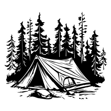 A unique hand-drawn illustration depicting a cozy tent nestled among towering pine trees, ideal for outdoor-themed projects or travel promotions.のイラスト素材