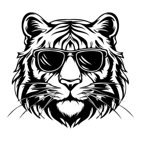 This striking black and white illustration features a tiger head adorned with stylish sunglasses, perfect for modern art projects and merchandise.のイラスト素材