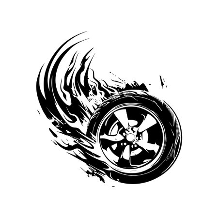 This striking illustration depicts a tire in motion, surrounded by flames, capturing the essence of speed and energy in a dynamic visual style.のイラスト素材