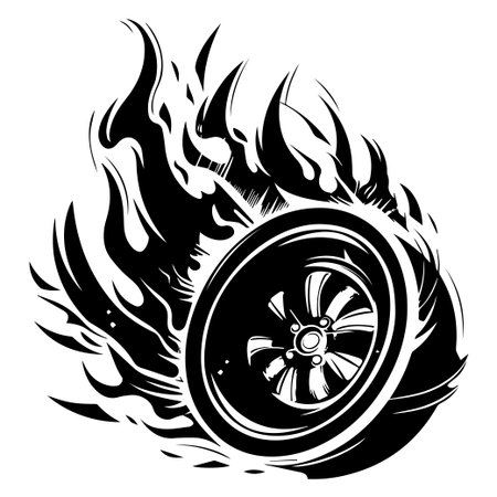 An artistic representation of a tire engulfed in flames, capturing the essence of speed and power in automotive culture. Ideal for racing themes.のイラスト素材