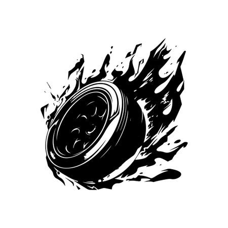 This striking black and white illustration features a tire surrounded by flames, symbolizing speed and dynamic motion. Ideal for creative projects.のイラスト素材