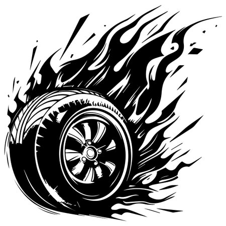 Captivating black and white tire illustration with flames captures the essence of speed and motion in an exhilarating racing context.のイラスト素材