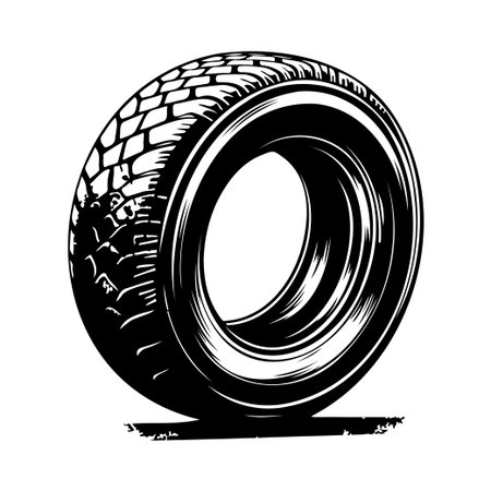 Artistic black and white illustration of a car tire showcasing its detailed tread pattern and circular design, ideal for automotive projects.のイラスト素材