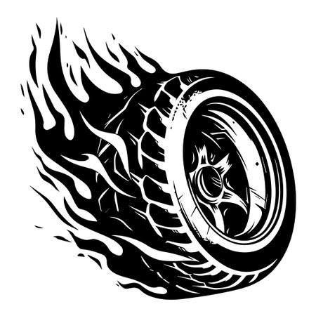 This bold and dynamic illustration features a tire engulfed in flames, representing speed, power, and adrenaline in a stylized black and white design.のイラスト素材