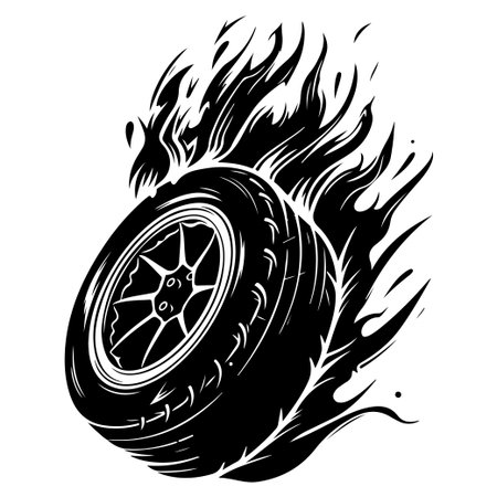 This striking illustration features a tire engulfed in flames, symbolizing speed and power, perfect for automotive designs, promotions, and dynamic projects.のイラスト素材