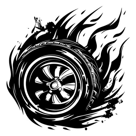 Eye-catching black and white illustration showcasing a tire in motion surrounded by flames and smoke, perfect for automotive-themed projects.のイラスト素材