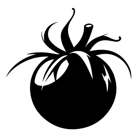 A striking black and white silhouette of a tomato featuring curved leaves and a prominent stem, ideal for various creative projects.のイラスト素材