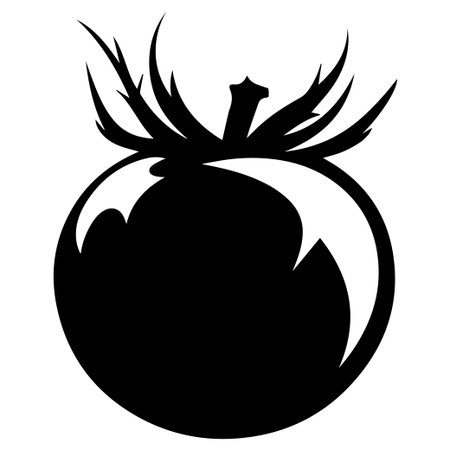 This black silhouette of a ripe tomato showcases a distinctive shape and stylized leaves, making it an ideal graphic for culinary designs.のイラスト素材