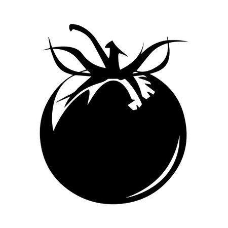 A detailed black and white silhouette of a tomato featuring its distinctive stems and leaves, ideal for design projects and food-related illustrations.のイラスト素材
