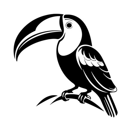 This black and white illustration captures a toucan perched gracefully on a branch. The elegant lines and intricate details showcase the bird's distinctive features and charm, making it ideal for nature-themed projects.のイラスト素材