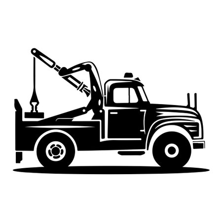 This black and white illustration features a vintage tow truck with a crane, perfect for automotive designs, mechanical projects, and retro themes.のイラスト素材