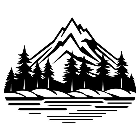 Stunning minimalist silhouette of a mountain range with pine trees and a reflective lake, perfect for nature lovers and adventure seekers.のイラスト素材
