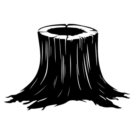 Artistic black silhouette of a tree stump showcasing textured bark and unique shape. Ideal for nature themes, design projects, or ecological discussions.のイラスト素材