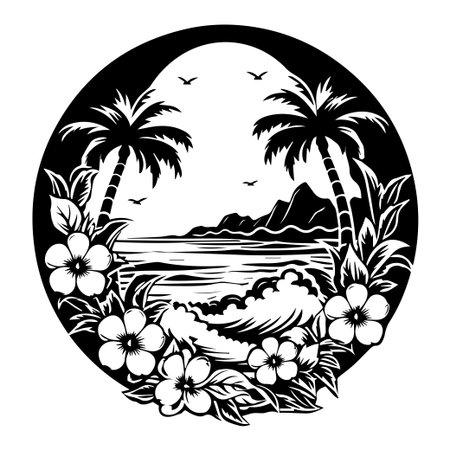 A stunning black and white silhouette of a tropical island scene with palm trees, waves, and floral elements evokes a sense of tranquility and adventure.のイラスト素材