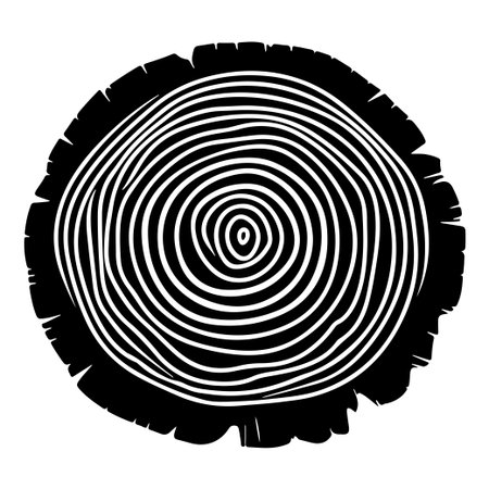 This artistic illustration showcases a detailed tree ring cross section, highlighting the unique growth patterns and textures found in nature. Perfect for eco-friendly themes.のイラスト素材