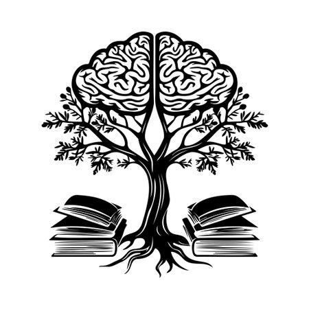 This intricate black and white illustration portrays a tree with a brain design, flanked by open books, symbolizing the connection between knowledge and personal growth, perfect for educational themes.のイラスト素材