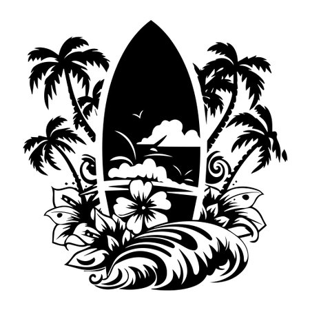 A captivating tropical surfboard design featuring palm trees, waves, and flowers that evokes feelings of summer, relaxation, and adventure.のイラスト素材