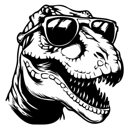 This striking black and white illustration features a cartoon Tyrannosaurus Rex wearing sunglasses, exuding a playful and cool vibe. Perfect for creative projects.のイラスト素材