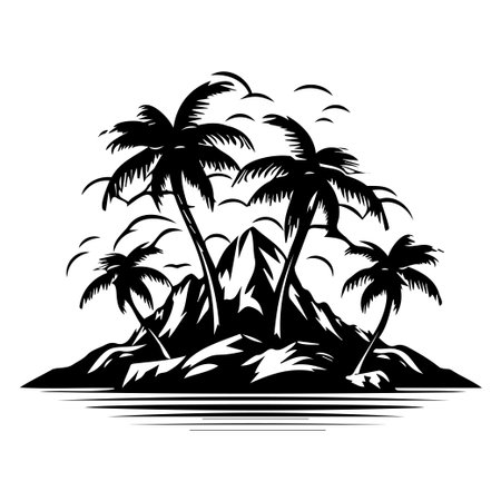 A stunning black silhouette of a tropical island with palm trees and a mountain reflected on calm water, ideal for summer-themed projects.のイラスト素材