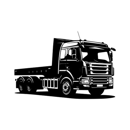 This illustration features a heavy duty flatbed truck in a striking black and white design, showcasing its powerful and robust features. Ideal for graphic use.のイラスト素材