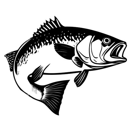 A striking black and white illustration of a bass fish, showcasing its unique features and intricate...