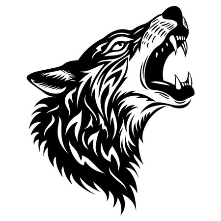A powerful black and white illustration of a wolf howling, capturing the raw beauty of wildlife and...