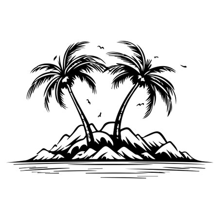 Enjoy a serene black and white illustration of a tropical island featuring palm trees, gentle waves, and a peaceful atmosphere perfect for travel themes.のイラスト素材