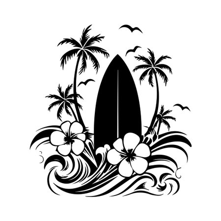 This stunning silhouette features a surfboard surrounded by tropical palm trees, beautiful flowers, and swirling ocean waves. Perfect for summer themes.のイラスト素材