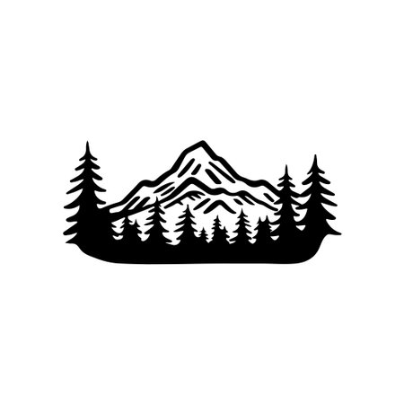 A striking black and white illustration capturing a mountain landscape framed by tall pine trees, evoking a sense of adventure and tranquility.のイラスト素材