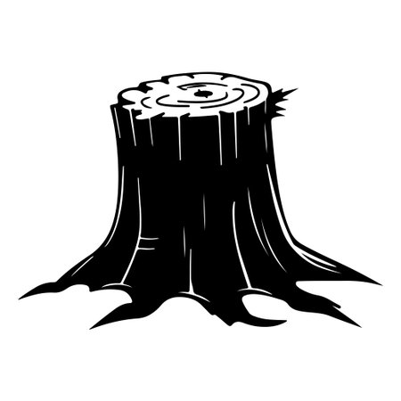 A detailed black and white illustration of a tree stump, depicting the texture and form. Perfect for designs related to nature, ecology, and sustainability.のイラスト素材