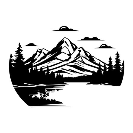 A stunning black and white illustration of a majestic mountain landscape featuring tall pine trees and tranquil water reflections beneath a serene sky.のイラスト素材
