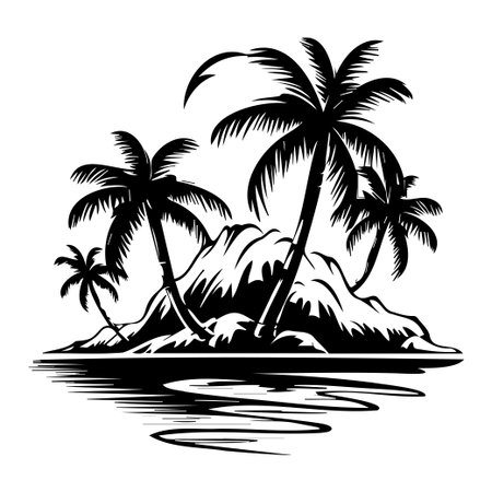 This stunning silhouette image features a tropical island with palm trees and calm water reflections, perfect for any relaxation-themed project.のイラスト素材