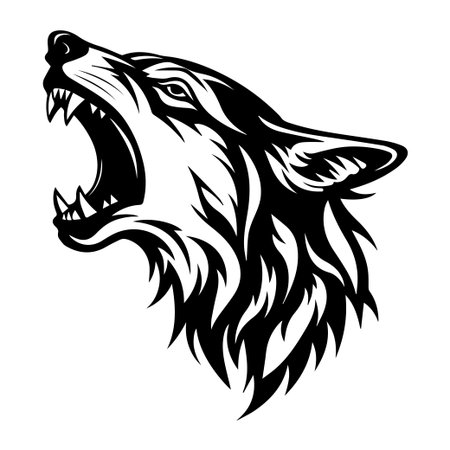 Striking black and white illustration of a fierce wolf head, capturing the animal's power and emotion, perfect for creative projects and designs.のイラスト素材