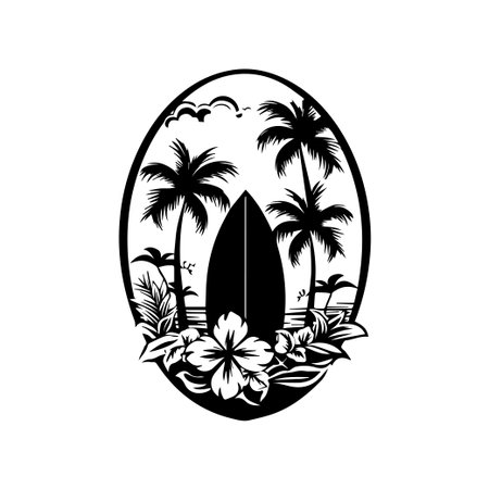 This black and white illustration captures a tropical surfing scene with palm trees, floral elements, and ocean waves that evoke a sense of relaxation.のイラスト素材