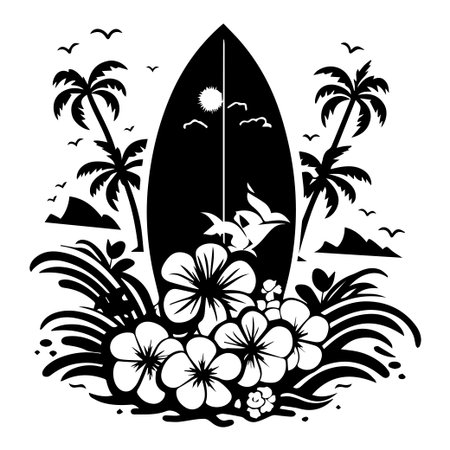 A striking black and white illustration featuring a surfboard surrounded by tropical elements, ideal for summer themes and beach lifestyle projects.のイラスト素材