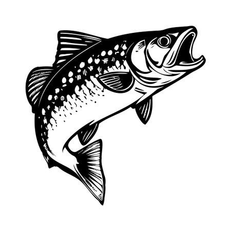 A striking monochrome illustration of a wild fish leaping out of the water, exhibiting intricate details in its scales and fins, capturing nature's beauty.のイラスト素材