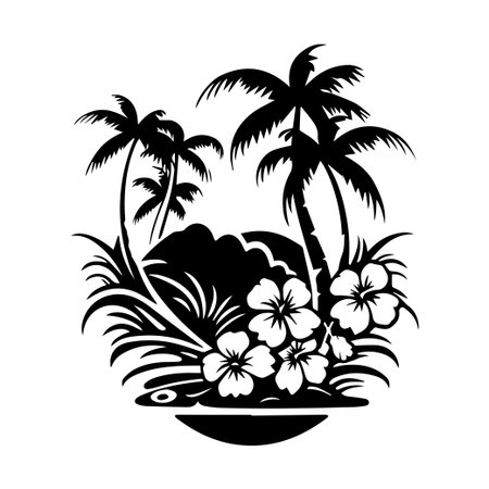 A beautiful silhouette of palm trees and tropical flowers creates a serene tropical landscape ideal for travel, nature, and relaxation themes.のイラスト素材